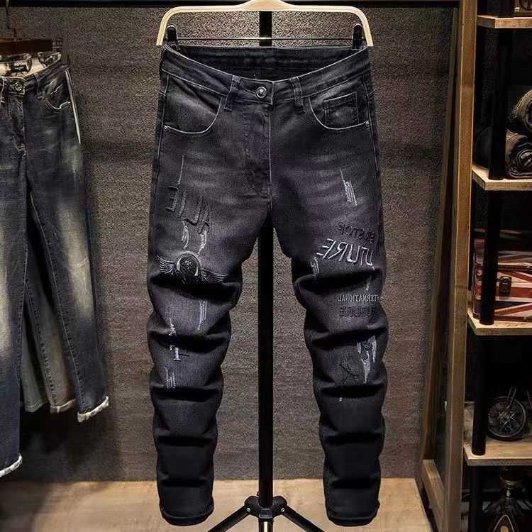 Men's Four Seasons Slim PP Washed Black Hot Drill Tight Stretch Casual Fashion Go-Go Trend In The Waist Hole Small Leg Jeans L2403
