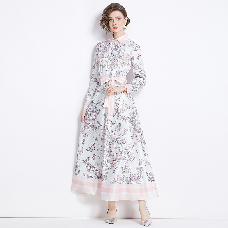 Shirt Collar Women Fashion Print Maxi Dress Button Long Sleeve Designer Elegant Ladies Casual Office Party Robes Frocks European Runway Clothing Femal