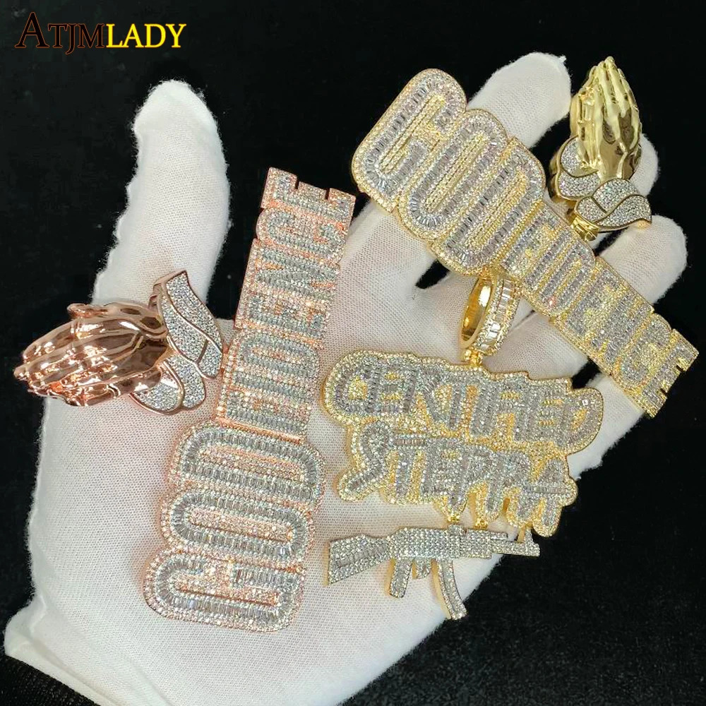 Iced Out Bling Two Tone Color CZ Letters Pendant Necklace Cubic Zirconia Various Badge Men Women Fashion Hip Hop Jewelry 241122