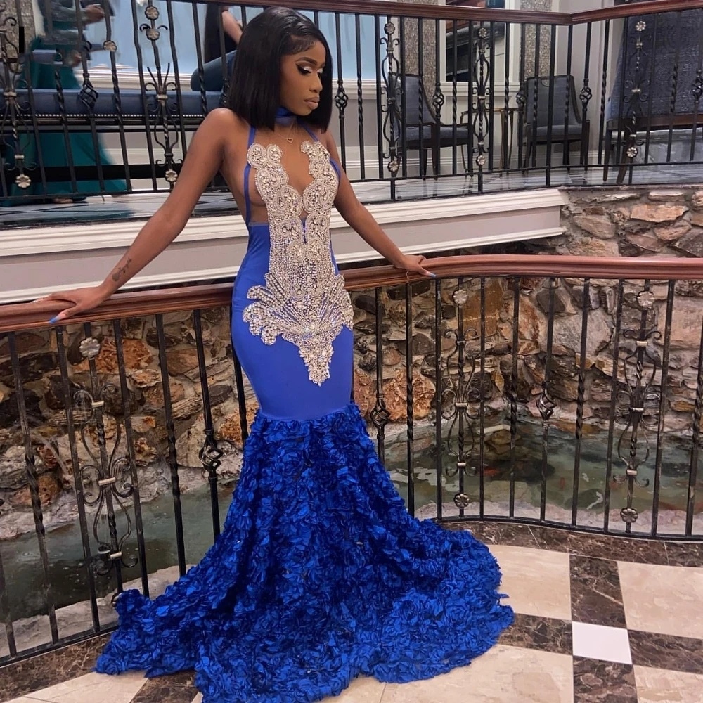 Royal Blue Rhinestone Prom Dress Slay Queen For Black Girls Sier Crystal Birthday Party Gown Vestidos De Festa