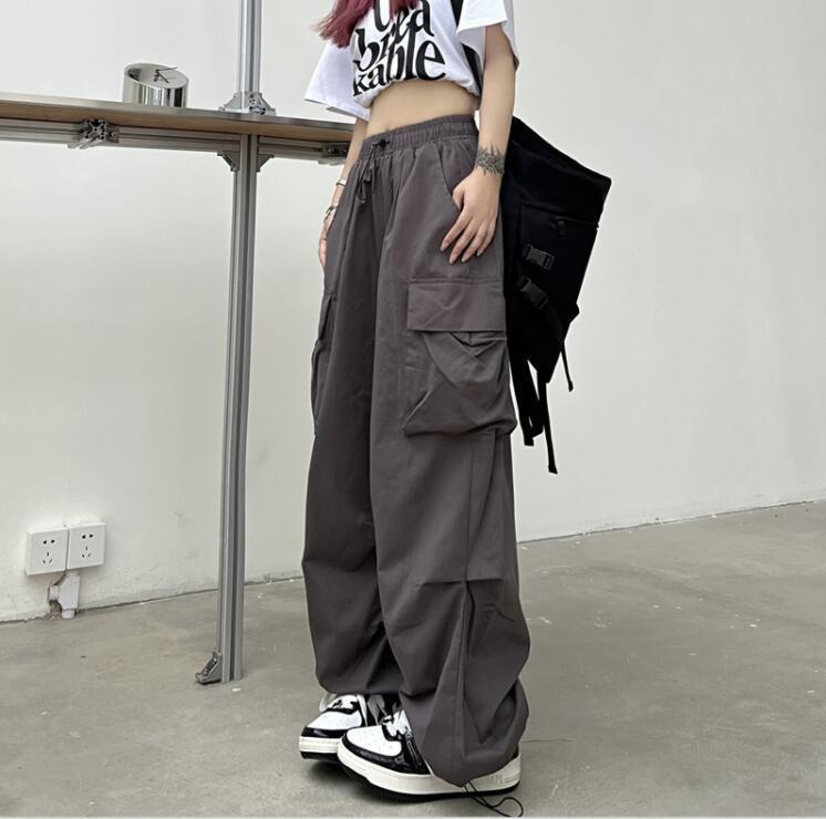 designer cargo pant womens Women Big Pockets Cargo Pants Y2k High Elastic Waist Drawstring Baggy Trousers Vintage Casual Loose Side Zipper Straight Pa