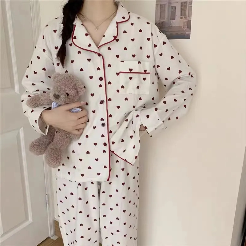 Cotton Sleepwear Korean Pajamas Women Spring Cute Heart Print Pyjamas Long Sleeve Pijama Female Set Negligee Cardigan Suit 241120