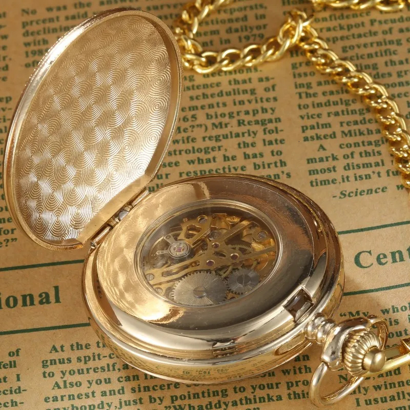 Gold Steampunk Pocket FOB Watch Chain Carving Double sided Open Case Handwind Mechanical Pocket Watch Relogio De Bolso 241122
