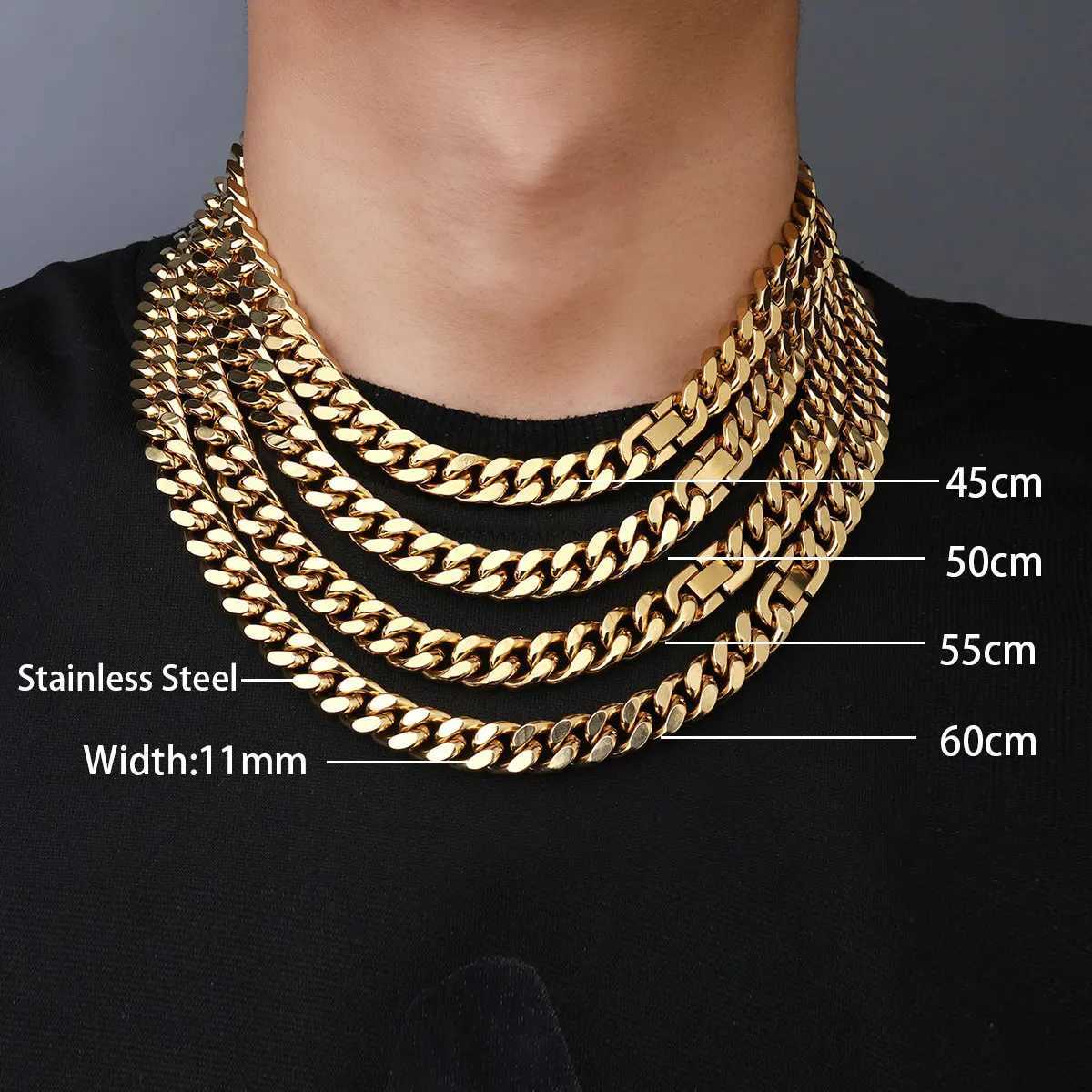 Hip Hop 18K Real Gold Plated Steel 11mm Cuban Figaro sided polished Link Necklace For Men JewelryGiftsX241123