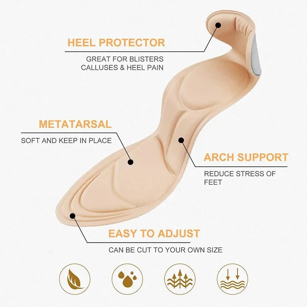 7D Soft Memory Foam Insole Pad Inserts Heel Post Back Breathable Antislip for Women High Shoe Arch Support Insoles 240419