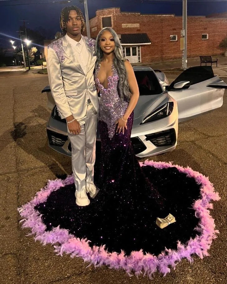 Purple Sequins mermaid Prom Dresses with Feathers 2024 Halter Neck Plus Size Formal Evening Ocn Gowns For Black Girl Vestidos