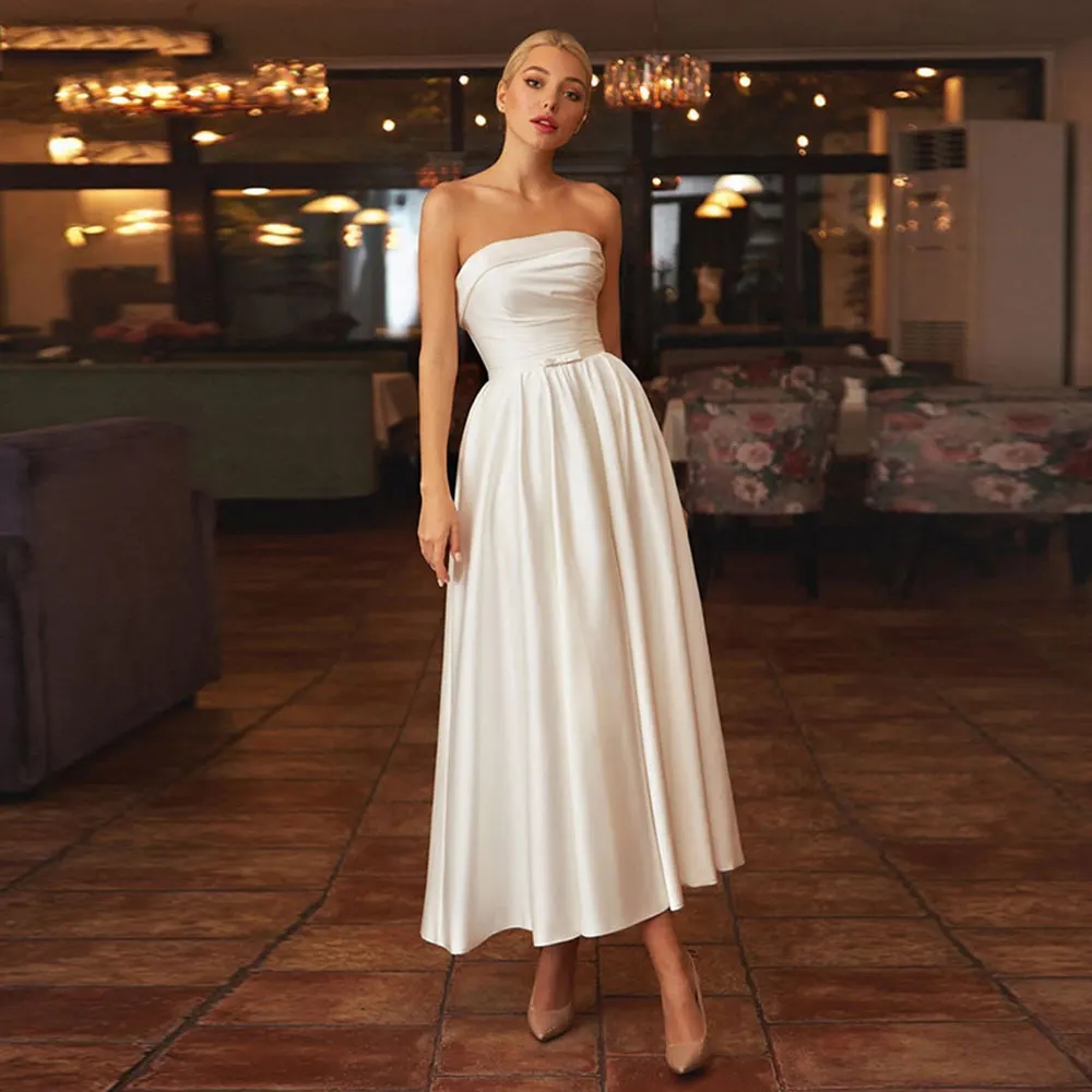 Satin Wedding Dress With Pockets Strapless Ankle-Length Simple Bride Dresses Lace-Up Back Vestidos Novia Robr De Mariee