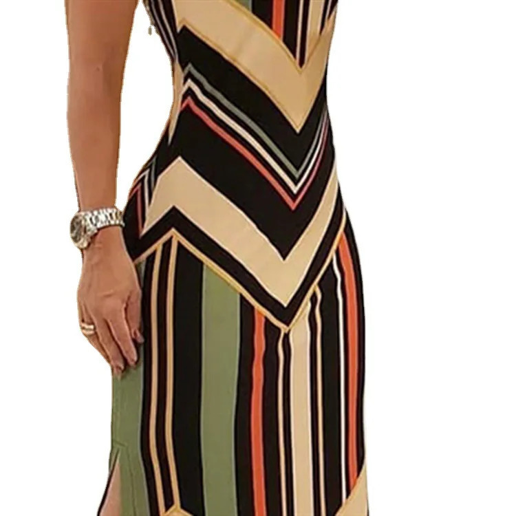 Colorful Striped Print Side Slit Maxi Dres Colorblock Sleeveless Slim Long Dresses 240419