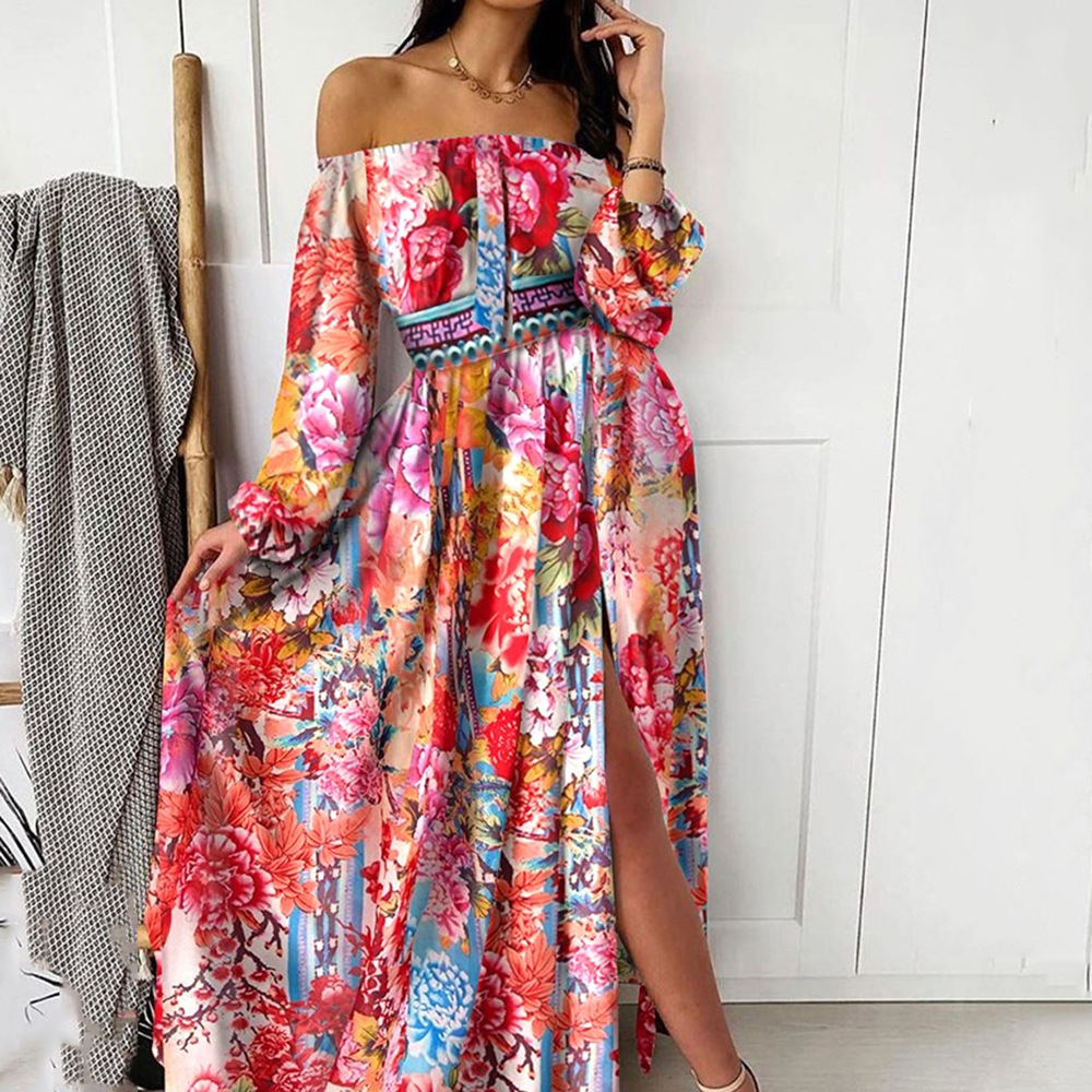 dresses for women Summer evening dress printed dress one-shoulder pullover retro long-sleeved wide slit long evening dresses elegant