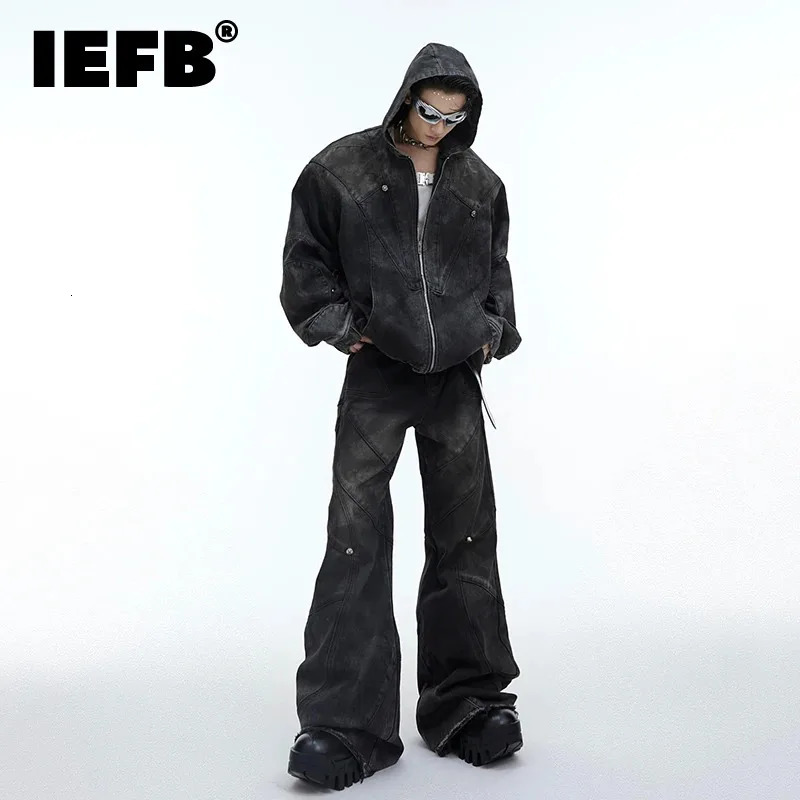 IEFB Autumn Winter Mens Denim Set Niche Heavy Vintage Shoulder Pads Hooded Denim Jacket Two Piece Baggy Wide Leg Jeans 9C3250 240415