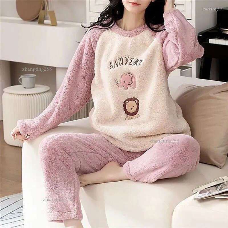 Women's Sleepwear Flannel Pajamas Sets Casual Autumn Winter Velvet Pyjama Ladies Cartoon Pijama Mujer 2 Piece Pjs Warm Homewear