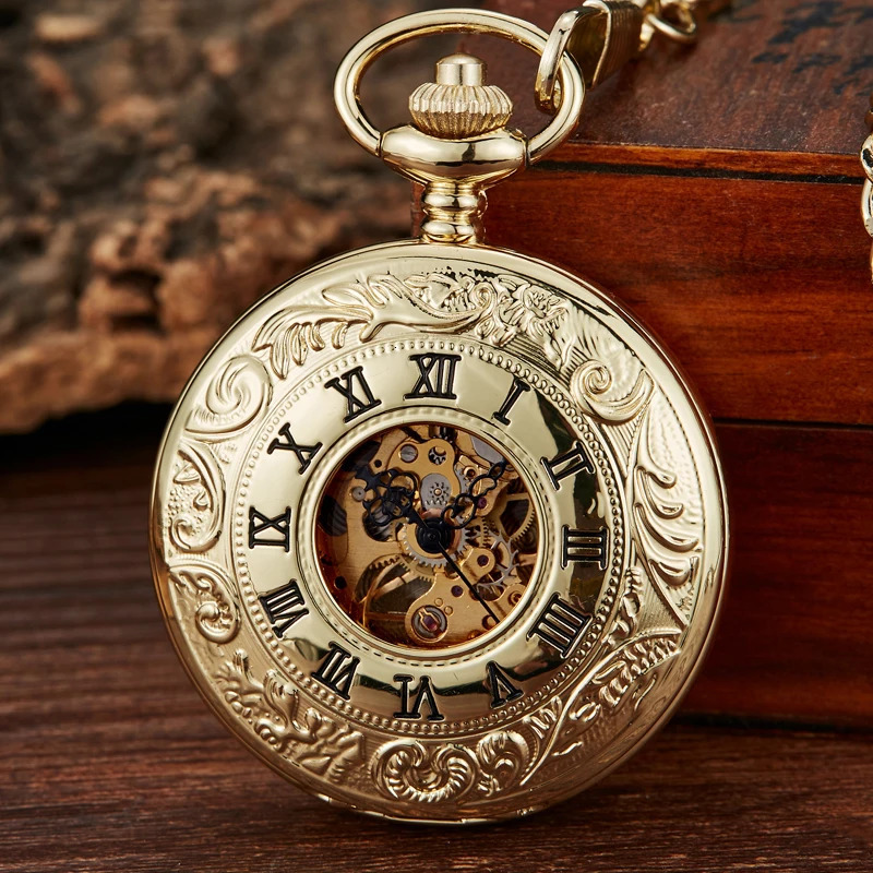Retro double-sided open case mechanical mens watch with double-sided Roman dial handheld wind pocket watch with FOB chain gift 241122