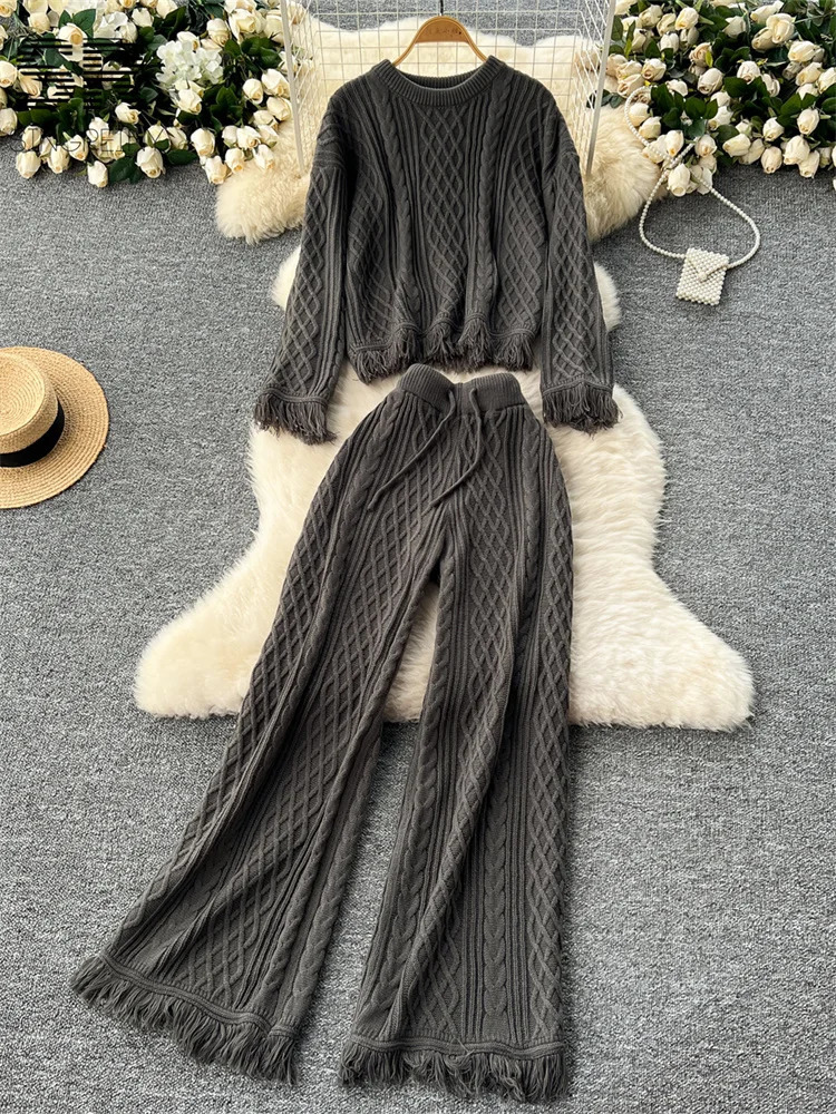 SINGREINY Vintage Tassel Knitting Two Pieces Suits Women O Neck Loose SweaterDrawstring Long Pants French Style 2pcs Sets 241121