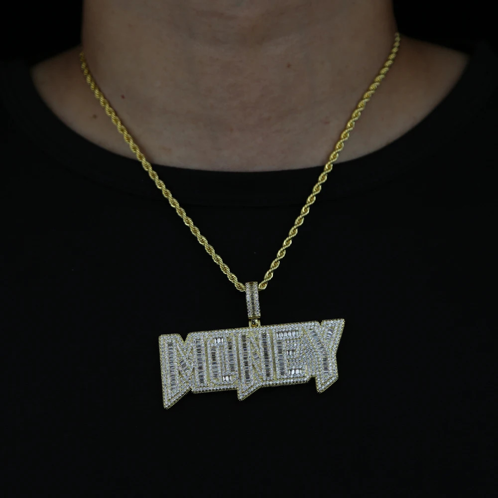 Iced Out Bling Letters Money Pendant Necklace Gold Silver Color Rectangle CZ Zircon Charm Mens Women Hip Hop Jewelry 241122 - view 5
