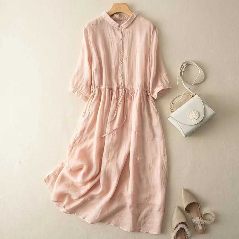 New Summer Rami Dress Wenling Short Skirt Sve Pahwork Party Dress Embroidered Cotton Linen Midi Dress M241123