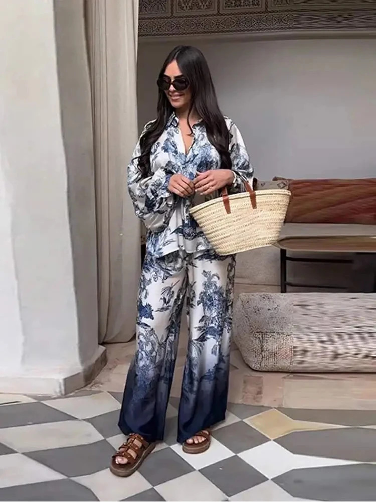 TRAF Ladies Casual Tree Printed Poplin Two Piece Set Elegant Lapel Long Sleeve Shirt High Waisted Loose Wide Leg Pants Set 241122