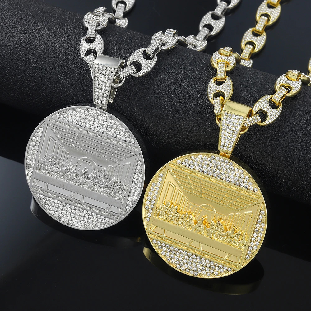Delicate Shiny Last Supper Pendant Necklace Mens Jewelry Match Iced Out 13mm Cuban Link Fashion Men Hip Hop Style Women Gift 241122
