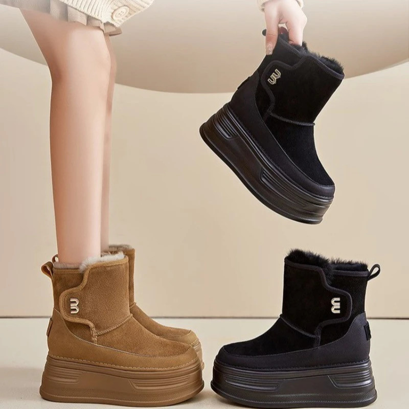 high-quality suede cow leather platform wedge winter plush womens boots hidden boots warm ankle boots brown boots 241122