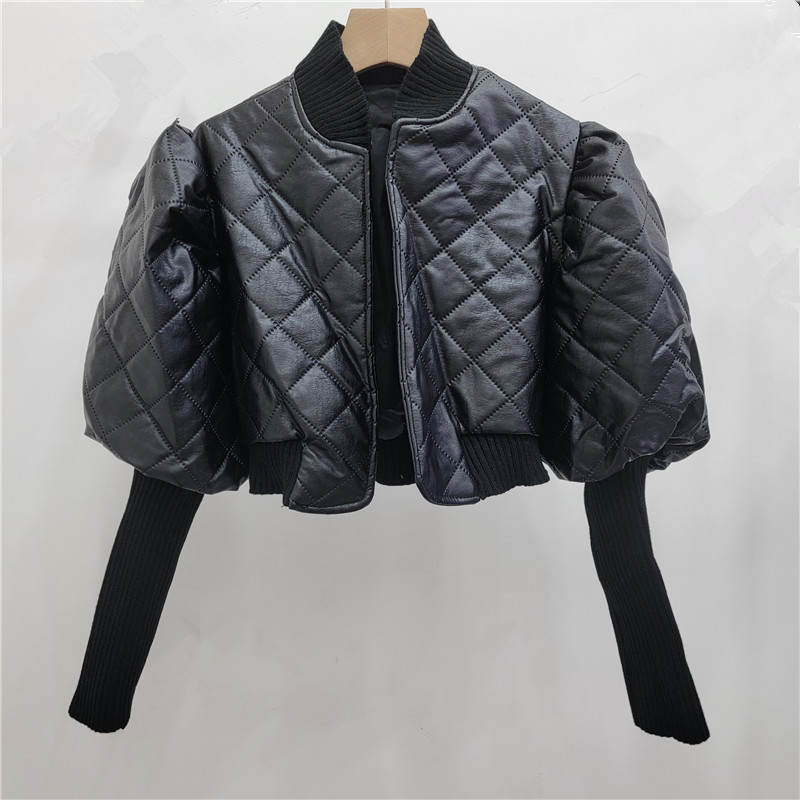 Autumn Fashion New Items Women's Versatile Knitted Sleeve Leather Jacket Vintage Stand Coat Female Trendy
