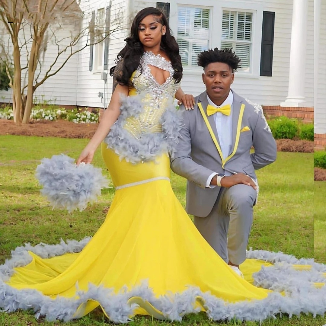 Glitter Yellow Prom Dress For Black Girls Sequin Rhinestone Feather Mermaid Evening Party Gowns Vestidos De Gala