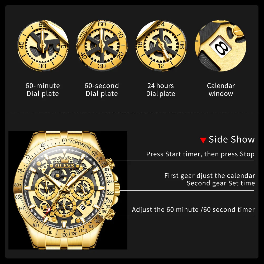 OLEVS Lxuxry Gold Mens Watches Full Skeleton Stainless steel Chronograph Wristwatch Waterproof Luminous Quartz Watch Men 241122