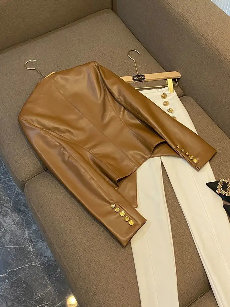 Fashion Slim Fit PU Leather Jacket Women Clothing Autumn/Winter Business Outfits Gold Button Black Suit Blazer Women Coat 241122