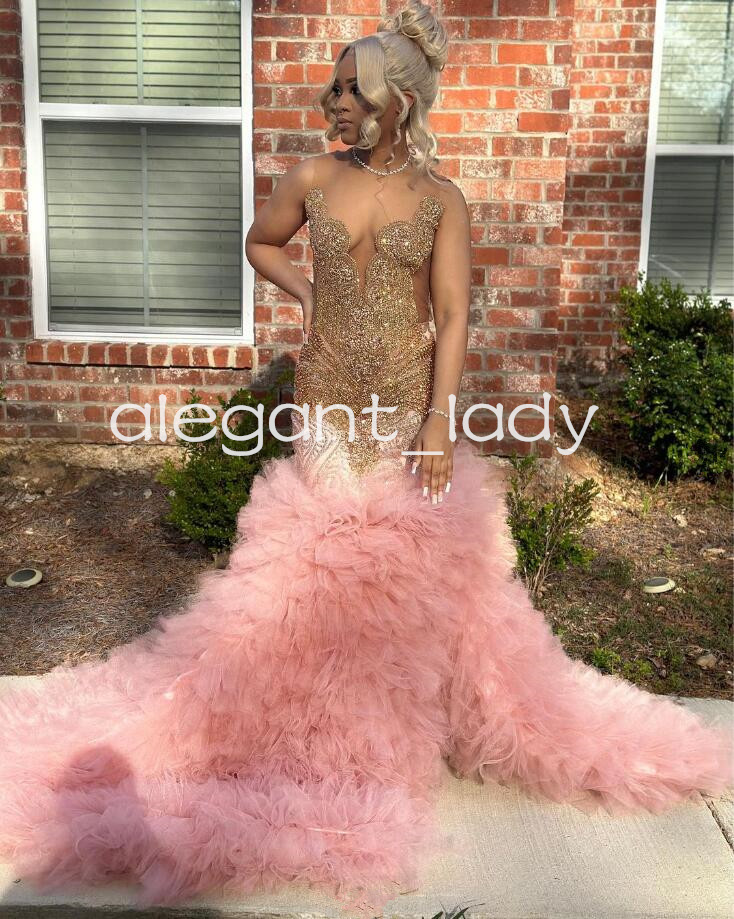 Rose Pink Ruffles Mermaid Prom Birthday Gala Dresses for Black Girl 2024 Sparkly Diamond Luxury Evening Ceremony Party Gown