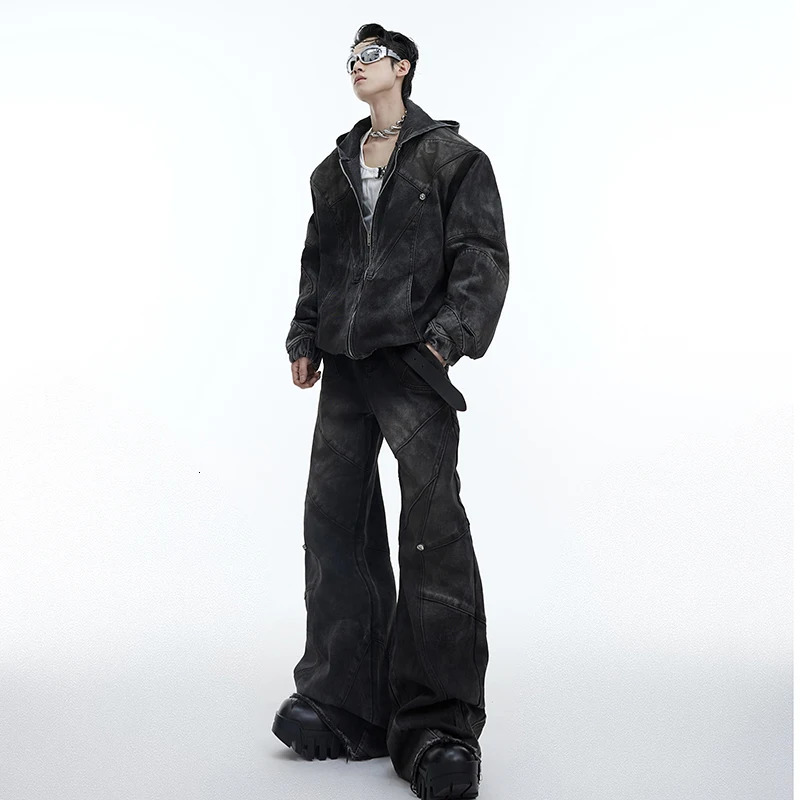 IEFB Autumn Winter Mens Denim Set Niche Heavy Vintage Shoulder Pads Hooded Denim Jacket Two Piece Baggy Wide Leg Jeans 9C3250 240415