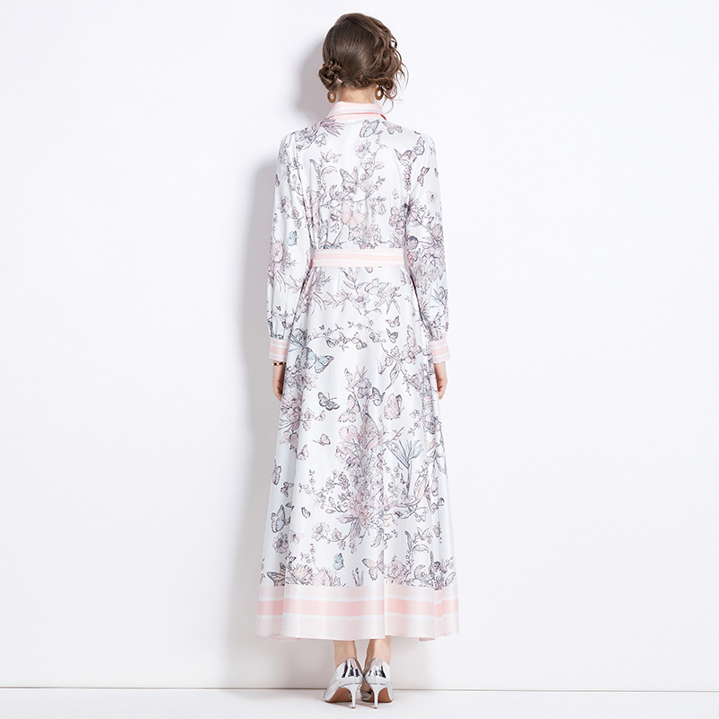Shirt Collar Women Fashion Print Maxi Dress Button Long Sleeve Designer Elegant Ladies Casual Office Party Robes Frocks European Runway Clothing Femal