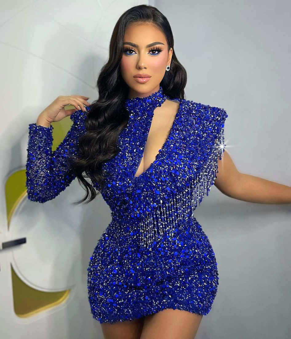 2024 Plus Size Royal Blue Cocktail Dresses for Women Short Prom Dresses High Neck Long Sleeves Beading Birthday Party Dress for African Girls Special 