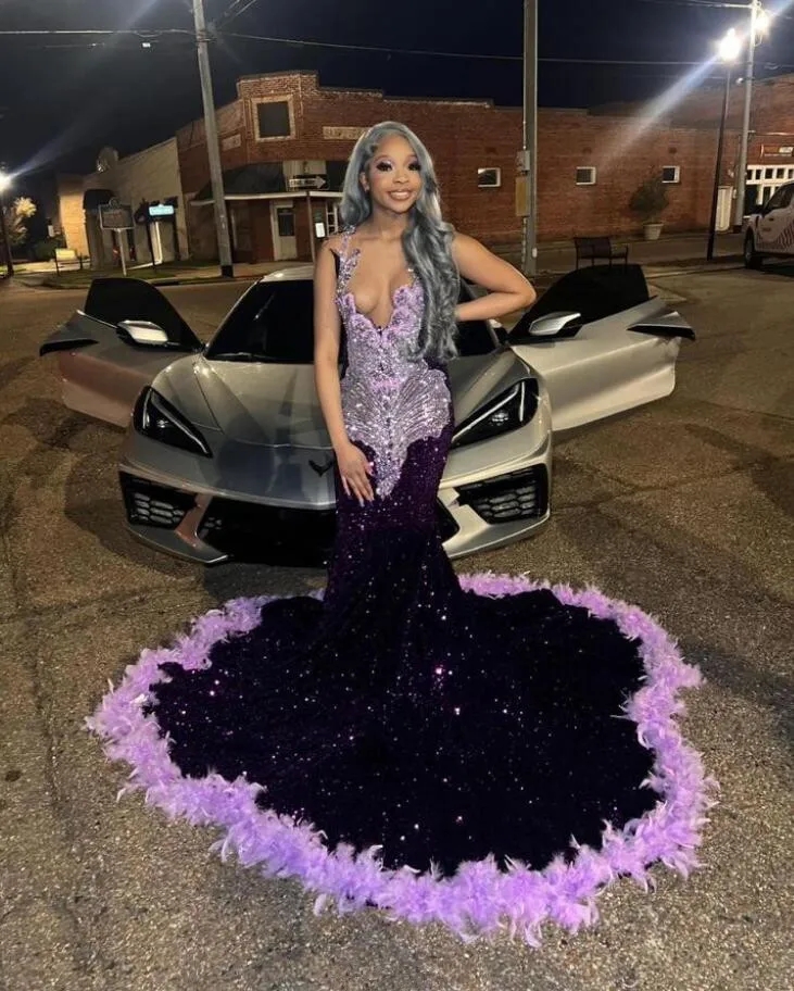 Purple Sequins mermaid Prom Dresses with Feathers 2024 Halter Neck Plus Size Formal Evening Ocn Gowns For Black Girl Vestidos
