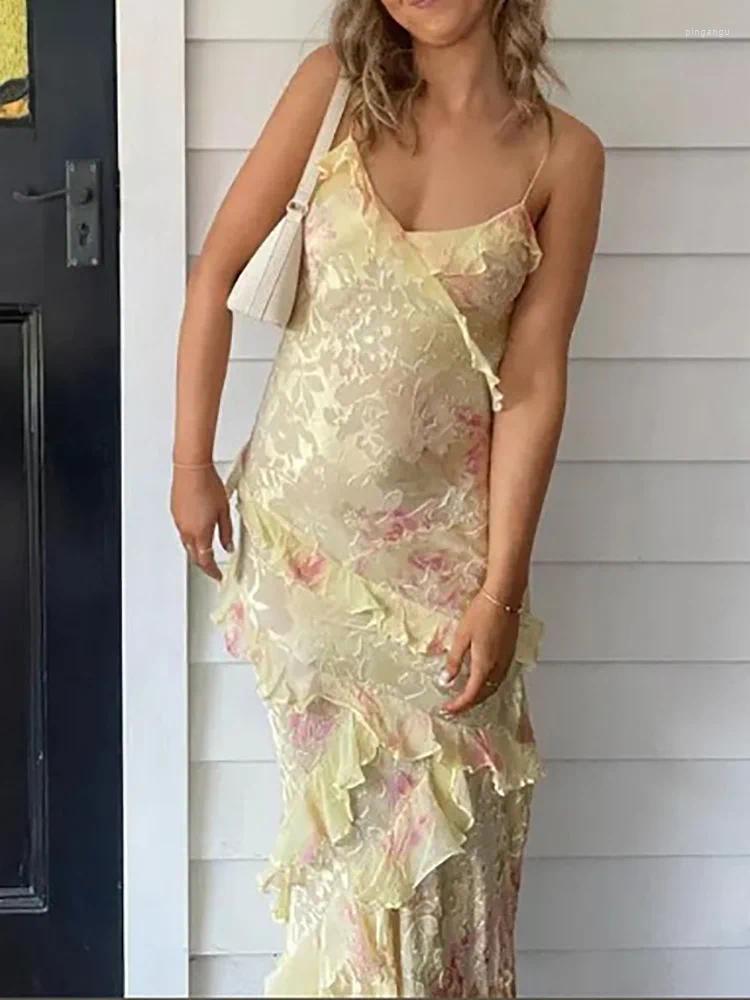 Dresses Beach Casual Style Backless Fashion Maxi Dress Women Summer 2024 Sleeveless V-Neck Party Ruffles Patchwork Printed L