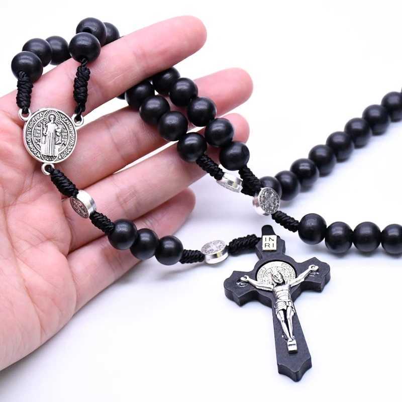 QIGO Religious Wooden Antique Black Cross Rosary Pendant Necklaces Jesus Saint Benedict Beaded Necklace for Men Women JewelryX241122
