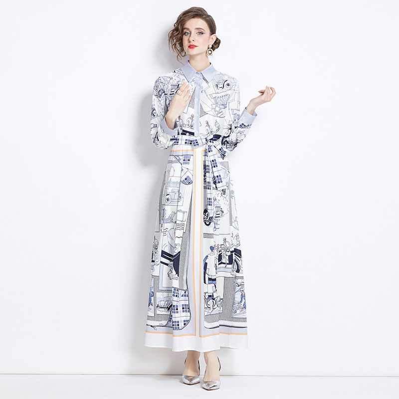Shirt Collar Women Fashion Print Maxi Dress Button Long Sleeve Designer Elegant Ladies Casual Office Party Robes Frocks European Runway Clothing Femal