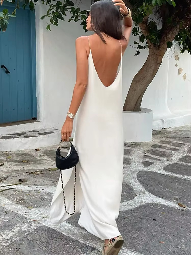 Basic Casual Dresses Sexy Backless Women Solid Satin Sing Maxi Dress Fashion V-neck Sleeveless Split Slim Dresses Summer Lady Casual Vacation Robes