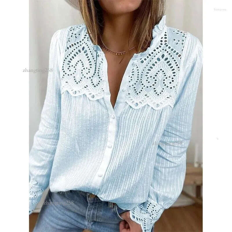 Women's Blouses Fashion Hollow Out White Lace Shirt Woman Long Sleeve Stand Collar Casual Blouse Elegant Single Breasted Tops Blusas 29363