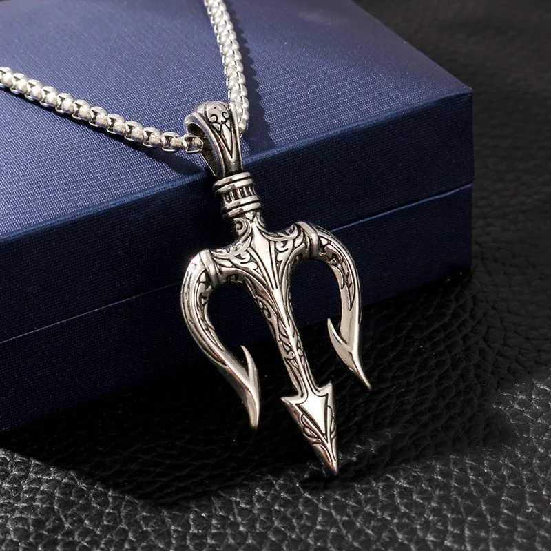 Men Stainless Steel Chain Antique Necklace Gold/Silver Color Trident Pendant Necklace Hip Hop Choker Homme Viking Jewelry GiftX241122