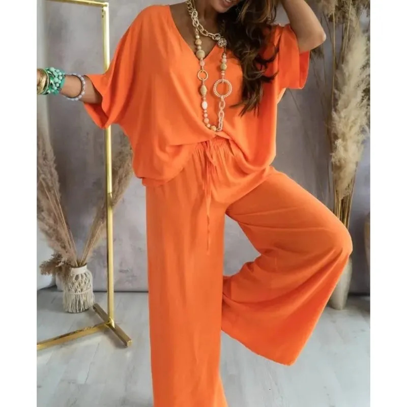 2024 Long Pant Sets Summer two piece set For Women V neck Bat Sleeve Casual Loose Wideleg Pants 2 solid color Outfits 240419