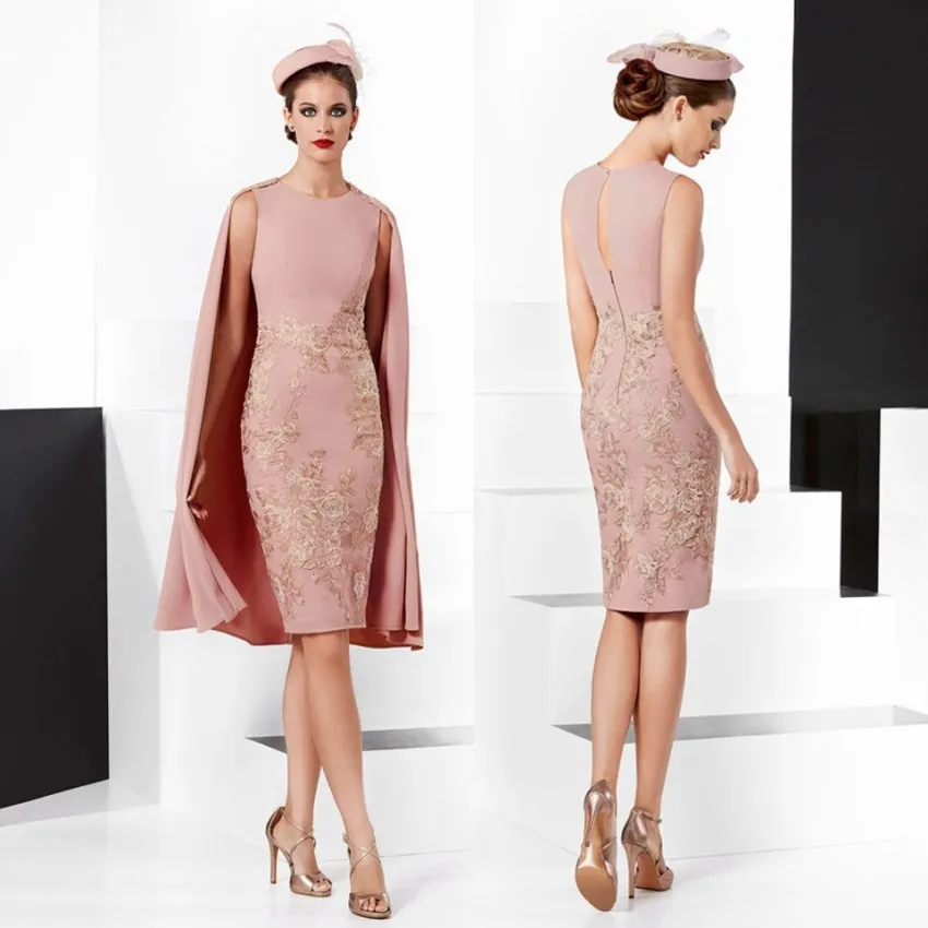 Elegant Knee Length Sheath Mother Of The Bride Dresses With Detachable Wrap Sleeveless Short Wedding Guest Dress for women Lace Applique Light Pink Fo