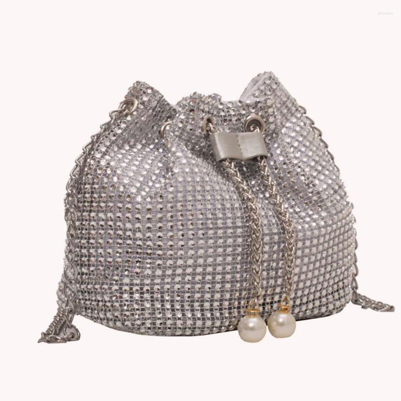 Shoulder Bags Women Chain Crossbody Bag Solid Color Rhinestone Glittering Satchel Drawstring Shinny Sling Purse Dinner Party 240729