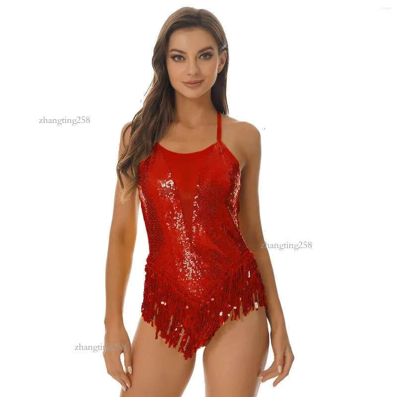 Stage Wear Womens Sparkly Tassel Bodysuit Sequins Gymnastics Ballet Dance Leotard Fringed Jumpsuits Latin Jazz Performance Costume
