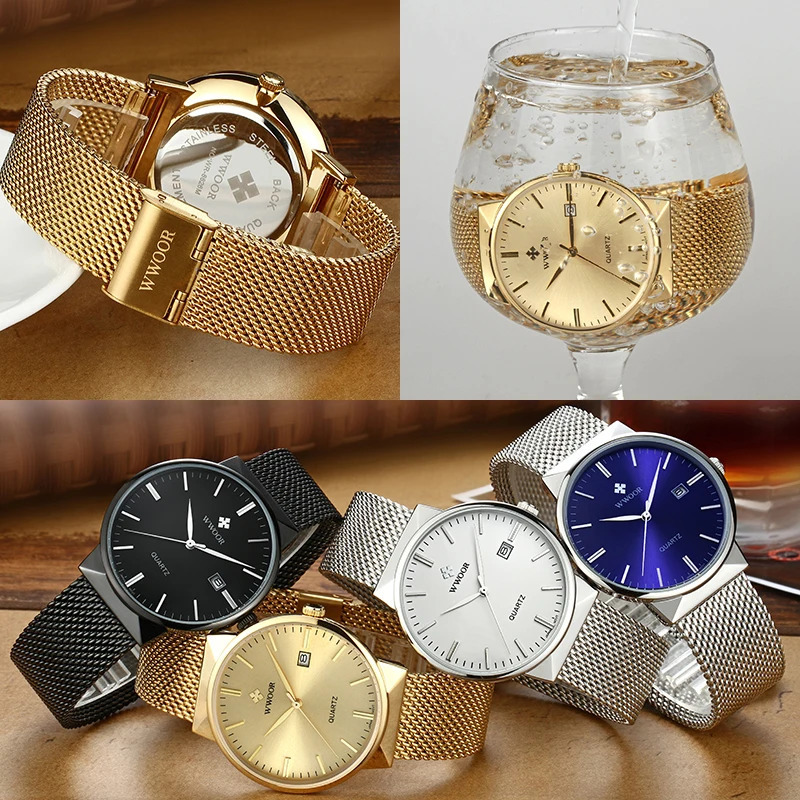 Fashion Wwoor Top Men Simple Slim Watches Gold Steel Mesh Ultra Thin Waterproof Date Wrist Watch Golden Clock 241122