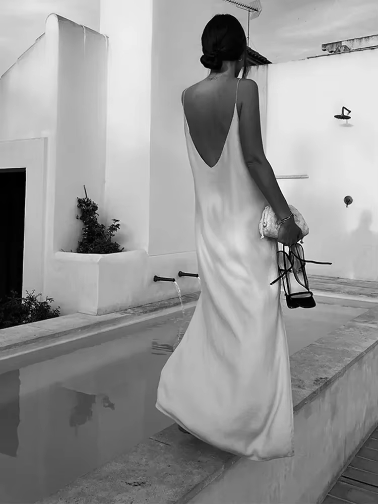 Basic Casual Dresses Sexy Backless Women Solid Satin Sing Maxi Dress Fashion V-neck Sleeveless Split Slim Dresses Summer Lady Casual Vacation Robes
