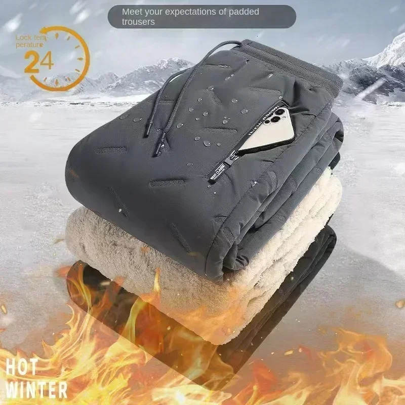 Winter Zip Pockets Thicken Fleece Sweatpants Men Joggers Black Grey Down Cotton Warm Pants Male Water Proof Thermal Trousers 7XL y241120