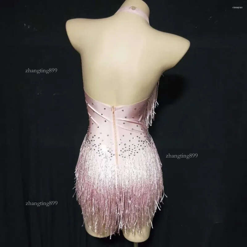 Stage Wear Multicolored Shining Tassel Fringe Rhinestones Halter Backless Sexy Women Leotard Bodysuit Nightclub Wears Pole Ballroom Cloth