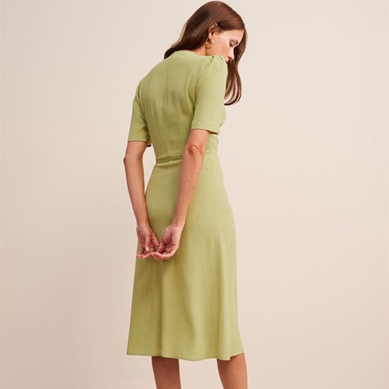 0C624M72 Women's Short Sleeved Dress Basic Casual Dresses Wavelet Dot Wrapped Skirt Silk Crepe Edition Wrapped V-neck