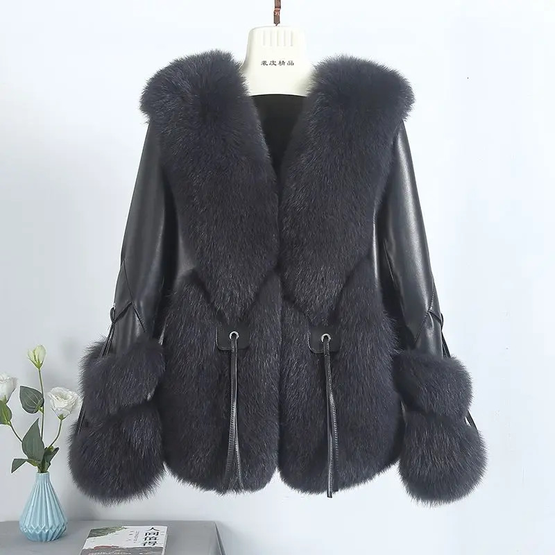 Real fox fur coat with down leather wholesale natural fox fur leather jacket womens winter model 241119
