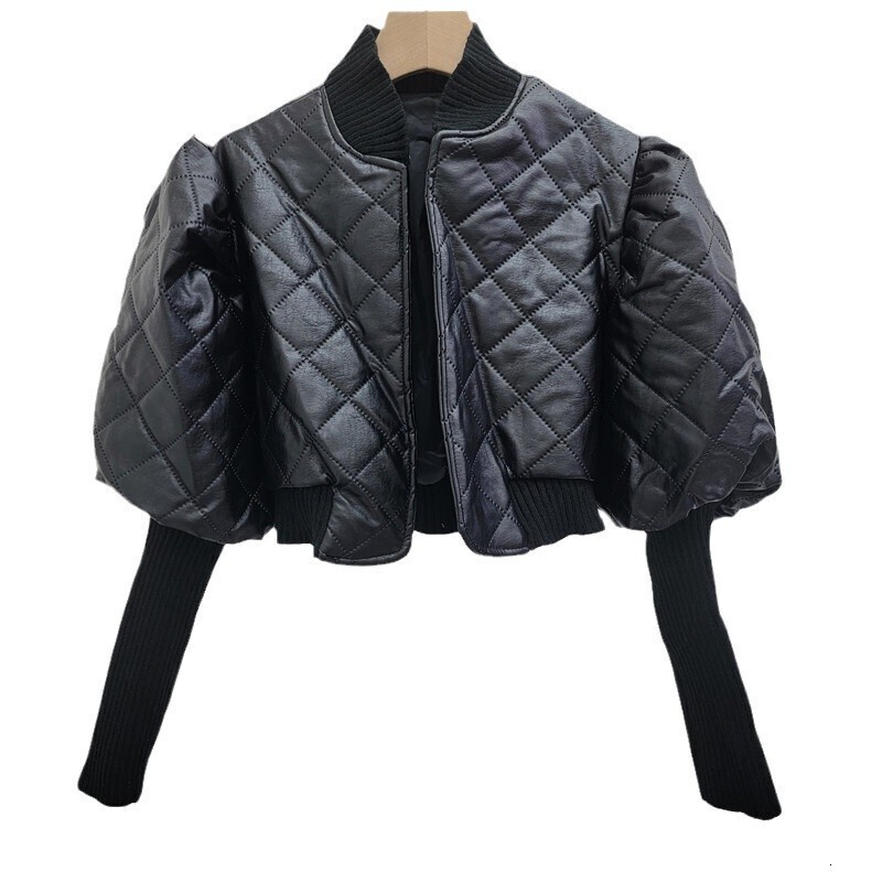 Autumn Fashion New Items Women's Versatile Knitted Sleeve Leather Jacket Vintage Stand Coat Female Trendy