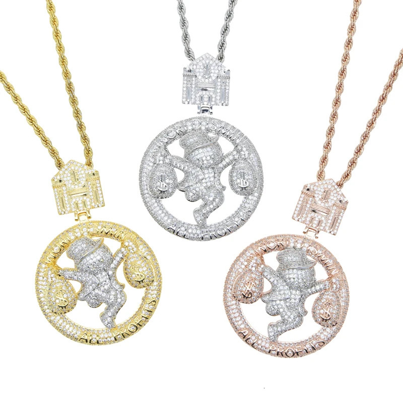 All Profits World Is Mine Hip Hop Pendant Necklace Full Paved Bling 5A Cubic Zirconia CZ Trap House Dollar Iced Out Men Jewelry 241122