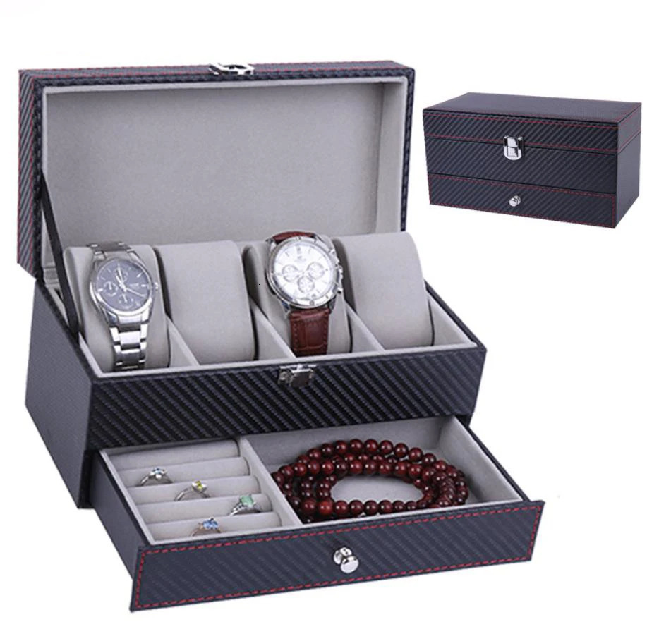 Watch box PU leather jewelry organizer mens/womens travel display box 4-slot magnetic top black 241122